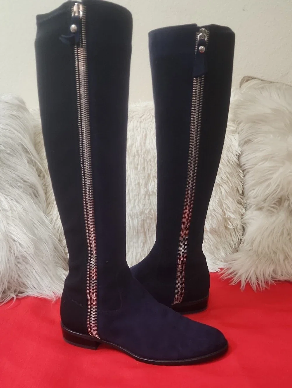 Stuart Weitzman Navy Suede Knee High Boots with Silver Zippers